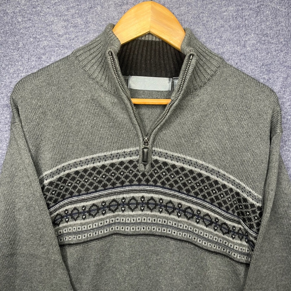 Oscar de la Renta Mens XXL Gray Fair Isle Quarter Zip Cotton Knit Sweater